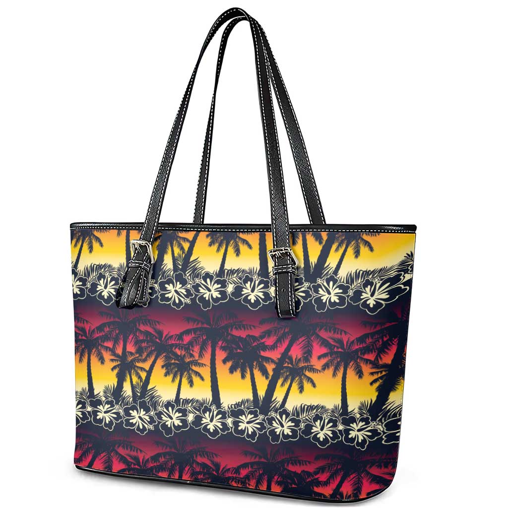 Hawaii Hibiscus Palm Tree Sunset Leather Tote Bag Tropical Style - Polynesian Pride