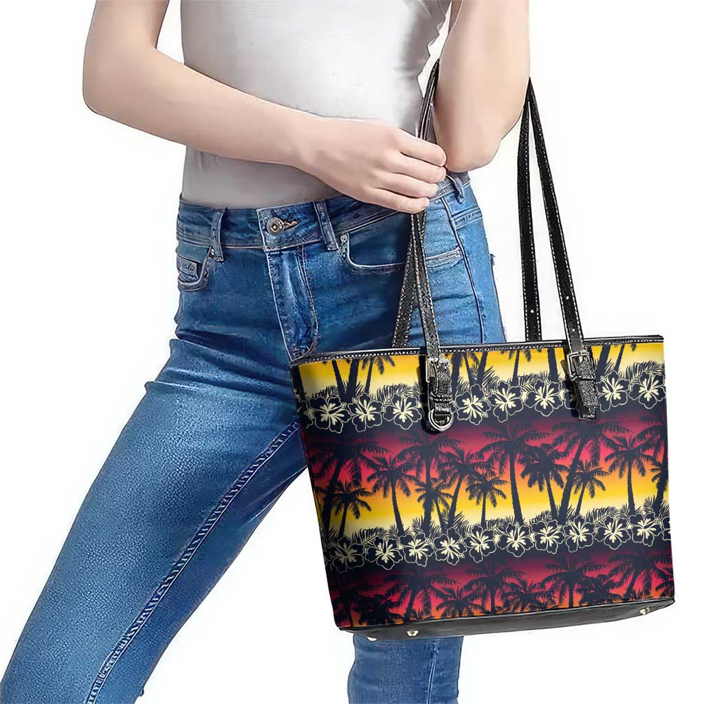 Hawaii Hibiscus Palm Tree Sunset Leather Tote Bag Tropical Style - Polynesian Pride