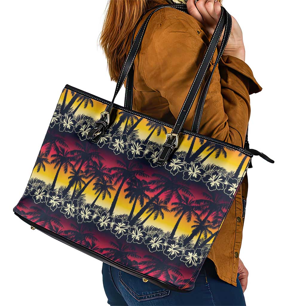 Hawaii Hibiscus Palm Tree Sunset Leather Tote Bag Tropical Style - Polynesian Pride