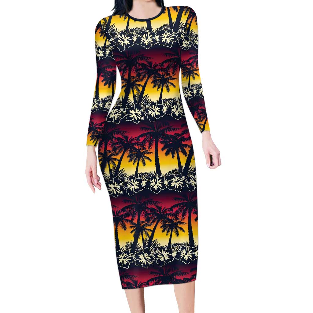 Hawaii Hibiscus Palm Tree Sunset Long Sleeve Bodycon Dress Tropical Style - Polynesian Pride