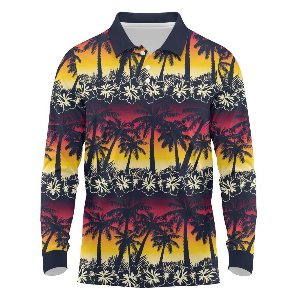 Hawaii Hibiscus Palm Tree Sunset Long Sleeve Polo Shirt Tropical Style - Polynesian Pride