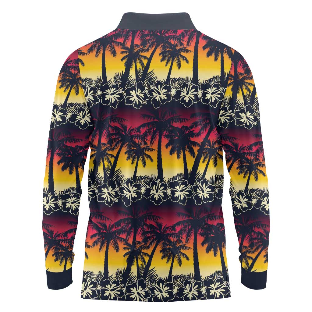 Hawaii Hibiscus Palm Tree Sunset Long Sleeve Polo Shirt Tropical Style - Polynesian Pride
