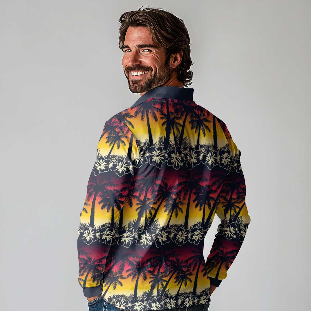 Hawaii Hibiscus Palm Tree Sunset Long Sleeve Polo Shirt Tropical Style - Polynesian Pride