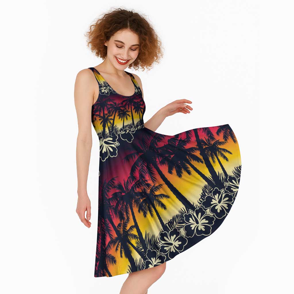 Hawaii Hibiscus Palm Tree Sunset Midi Dress Tropical Style - Polynesian Pride