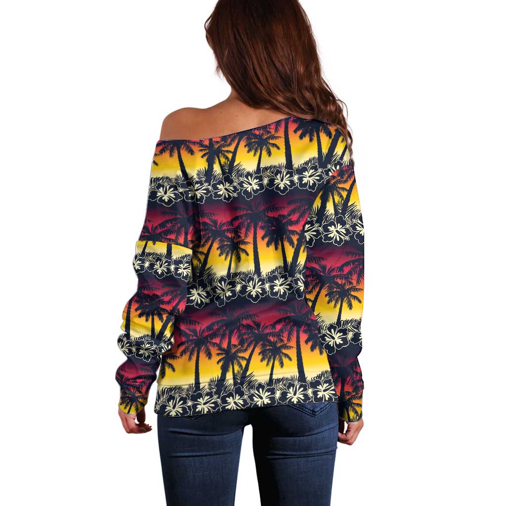 Hawaii Hibiscus Palm Tree Sunset Off Shoulder Sweater Tropical Style - Polynesian Pride