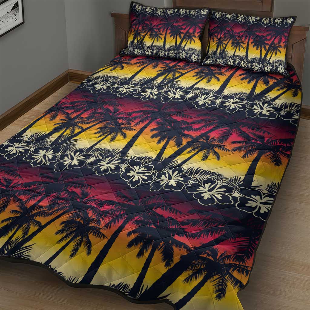 Hawaii Hibiscus Palm Tree Sunset Quilt Bed Set Tropical Style - Polynesian Pride
