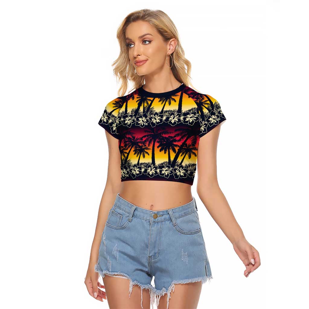 Hawaii Hibiscus Palm Tree Sunset Raglan Cropped T Shirt Tropical Style - Polynesian Pride
