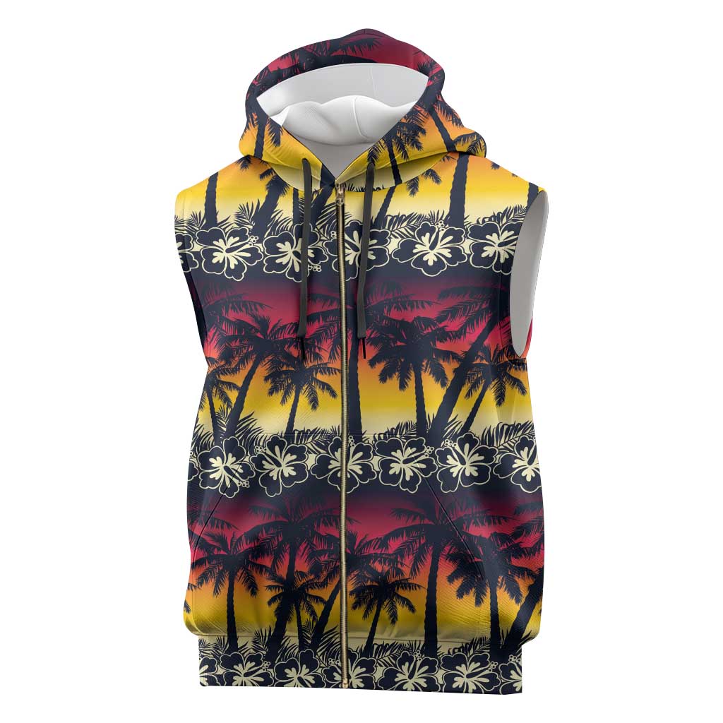 Hawaii Hibiscus Palm Tree Sunset Sleeveless Zip Hoodie Tropical Style - Polynesian Pride