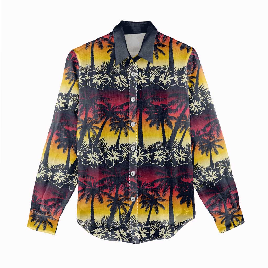 Hawaii Hibiscus Palm Tree Sunset Women Casual Shirt Tropical Style - Polynesian Pride