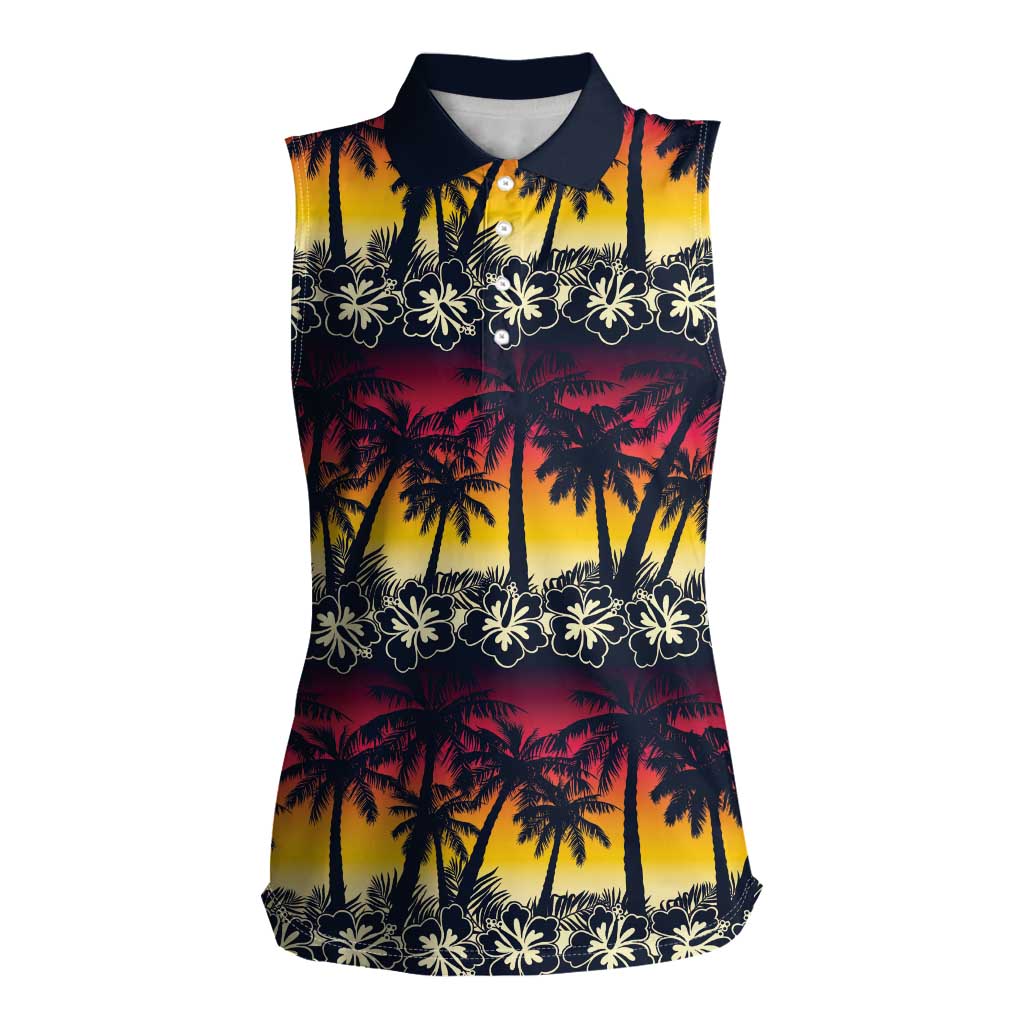 Hawaii Hibiscus Palm Tree Sunset Women Sleeveless Polo Shirt Tropical Style - Polynesian Pride