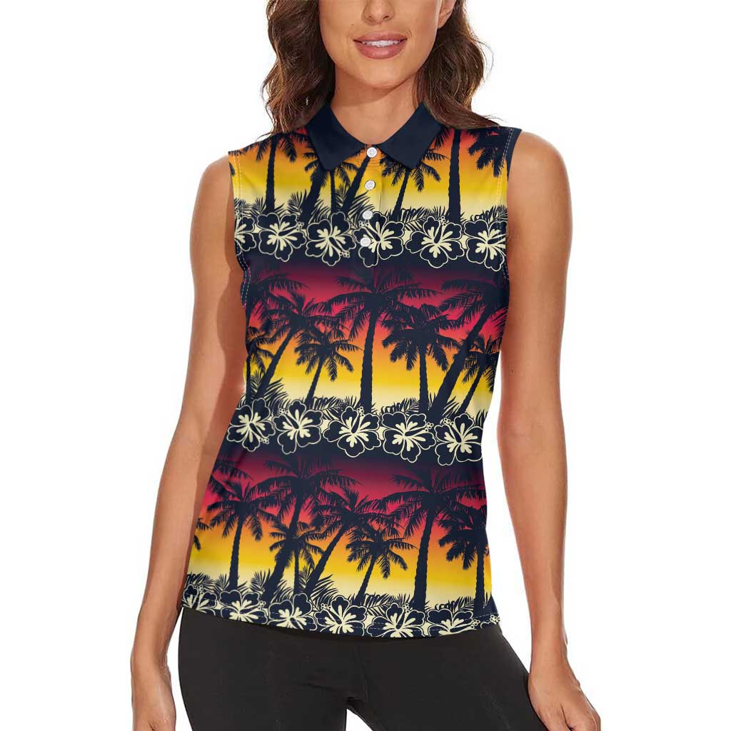 Hawaii Hibiscus Palm Tree Sunset Women Sleeveless Polo Shirt Tropical Style - Polynesian Pride
