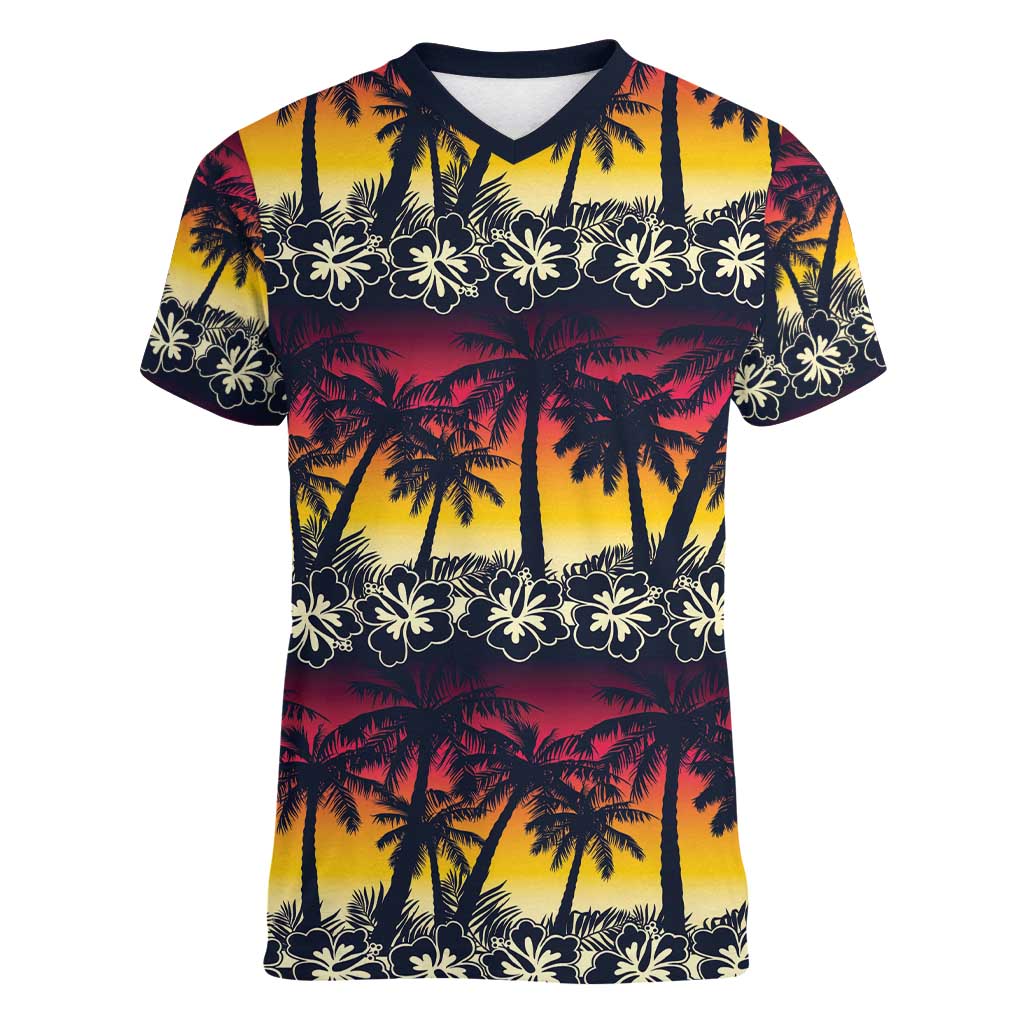 Hawaii Hibiscus Palm Tree Sunset Women V-Neck T-Shirt Tropical Style - Polynesian Pride