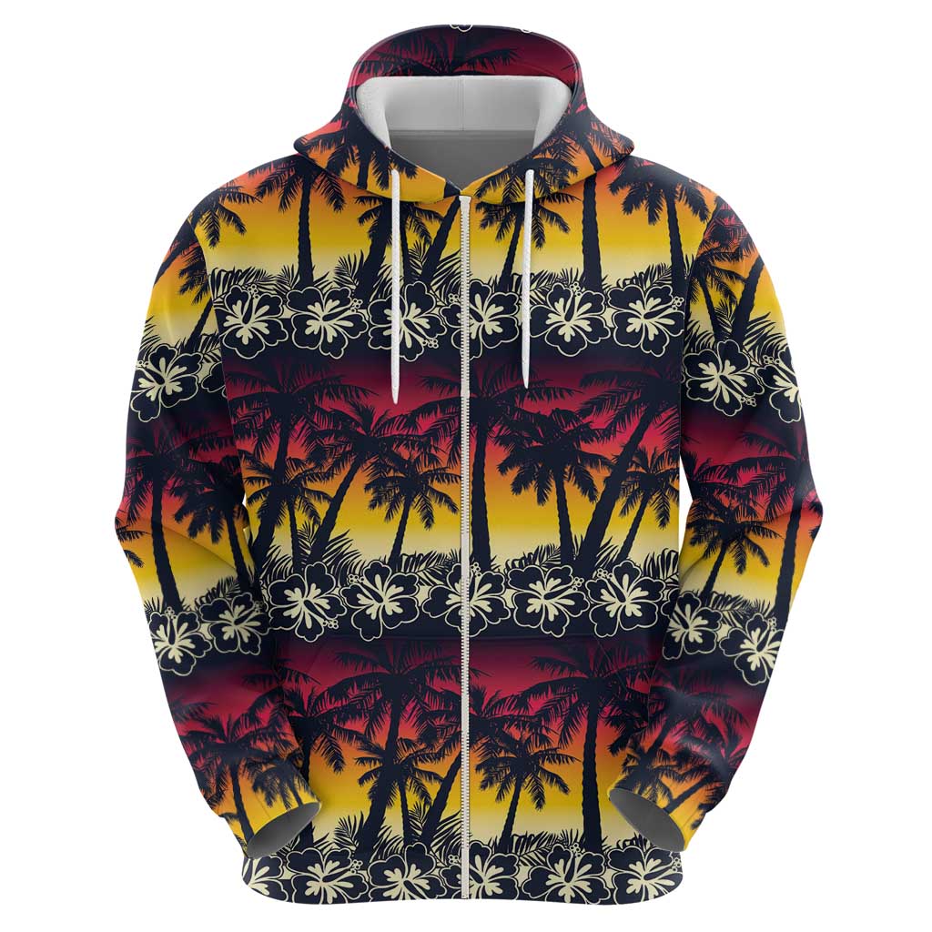 Hawaii Hibiscus Palm Tree Sunset Zip Hoodie Tropical Style - Polynesian Pride