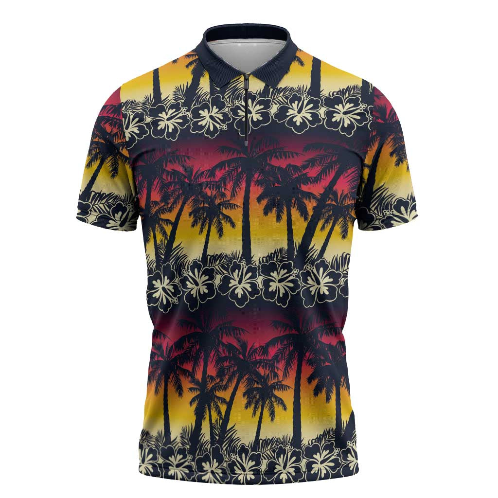 Hawaii Hibiscus Palm Tree Sunset Zipper Polo Shirt Tropical Style - Polynesian Pride