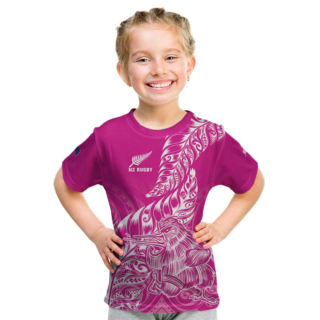 Custom New Zealand Rugby Silver Fern Kid T Shirt Aotearoa Kiwi Maori Pink Version - Polynesian Pride