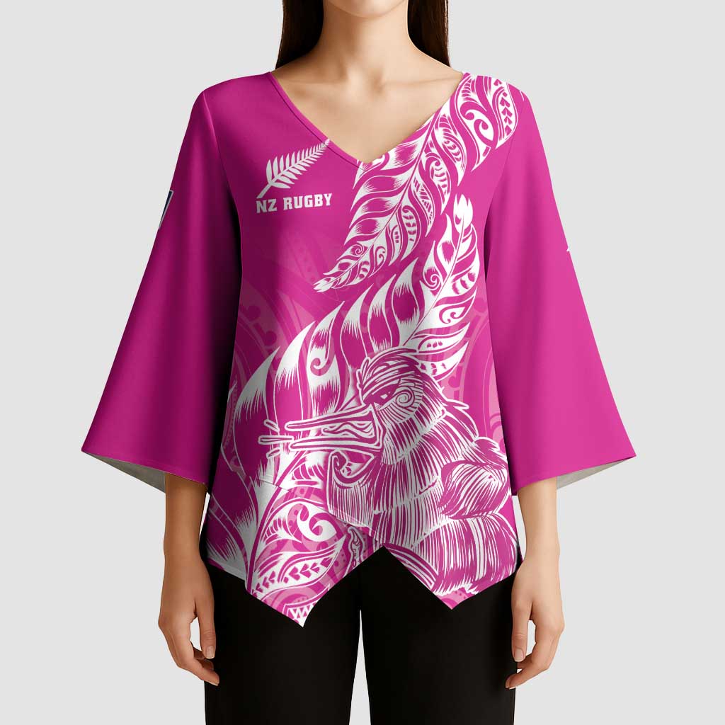 Custom New Zealand Rugby Silver Fern Kimono Sleeve Blouse Aotearoa Kiwi Maori Pink Version - Polynesian Pride
