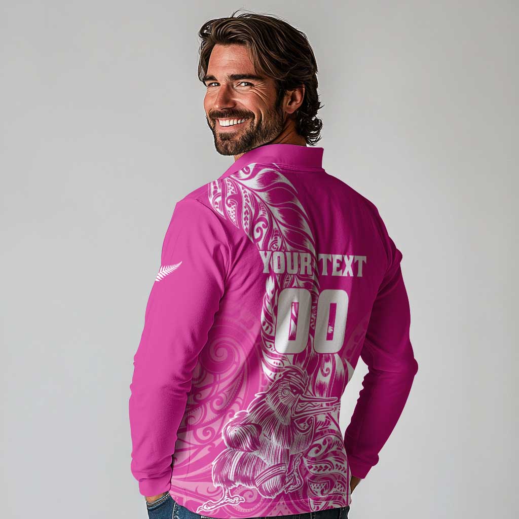 Custom New Zealand Rugby Silver Fern Long Sleeve Polo Shirt Aotearoa Kiwi Maori Pink Version - Polynesian Pride