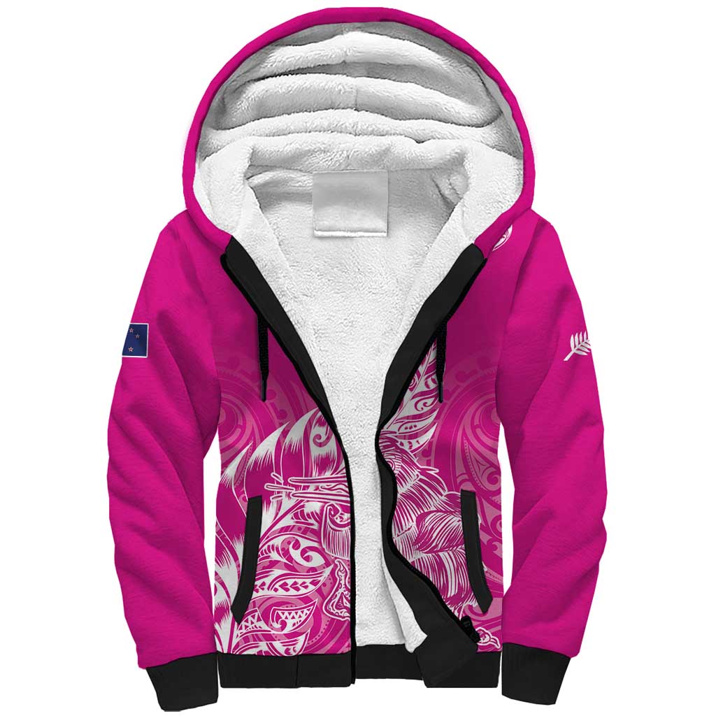 Custom New Zealand Rugby Silver Fern Sherpa Hoodie Aotearoa Kiwi Maori Pink Version - Polynesian Pride