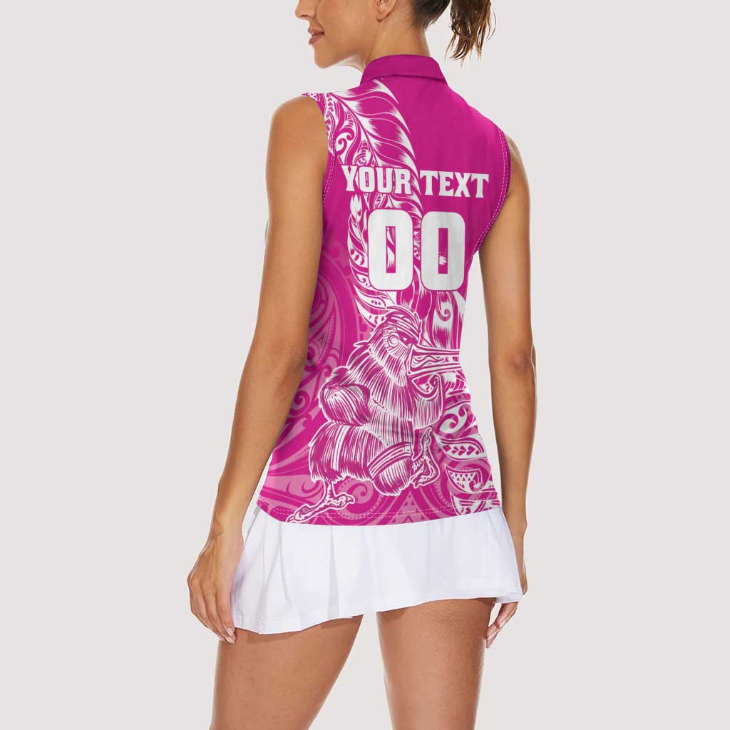 Custom New Zealand Rugby Silver Fern Women Sleeveless Polo Shirt Aotearoa Kiwi Maori Pink Version - Polynesian Pride