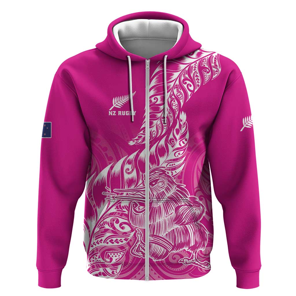 Custom New Zealand Rugby Silver Fern Zip Hoodie Aotearoa Kiwi Maori Pink Version - Polynesian Pride
