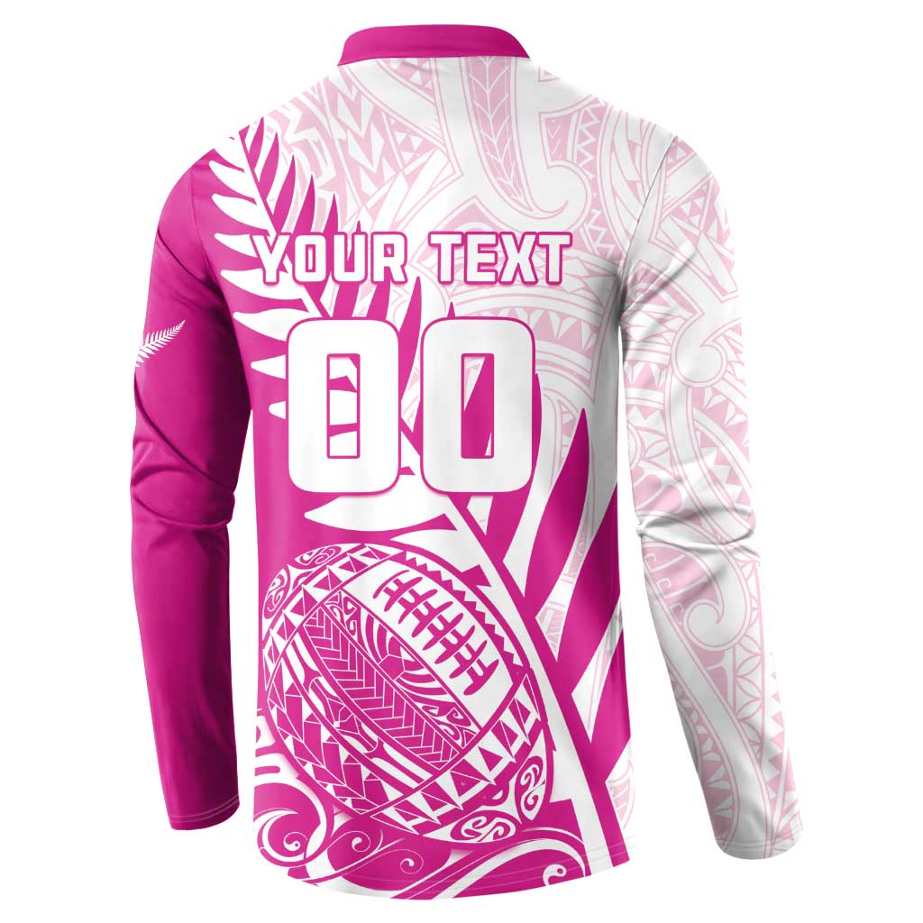 Custom New Zealand Rugby Silver Fern Button Sweatshirt Aotearoa Maori Pink Version - Polynesian Pride