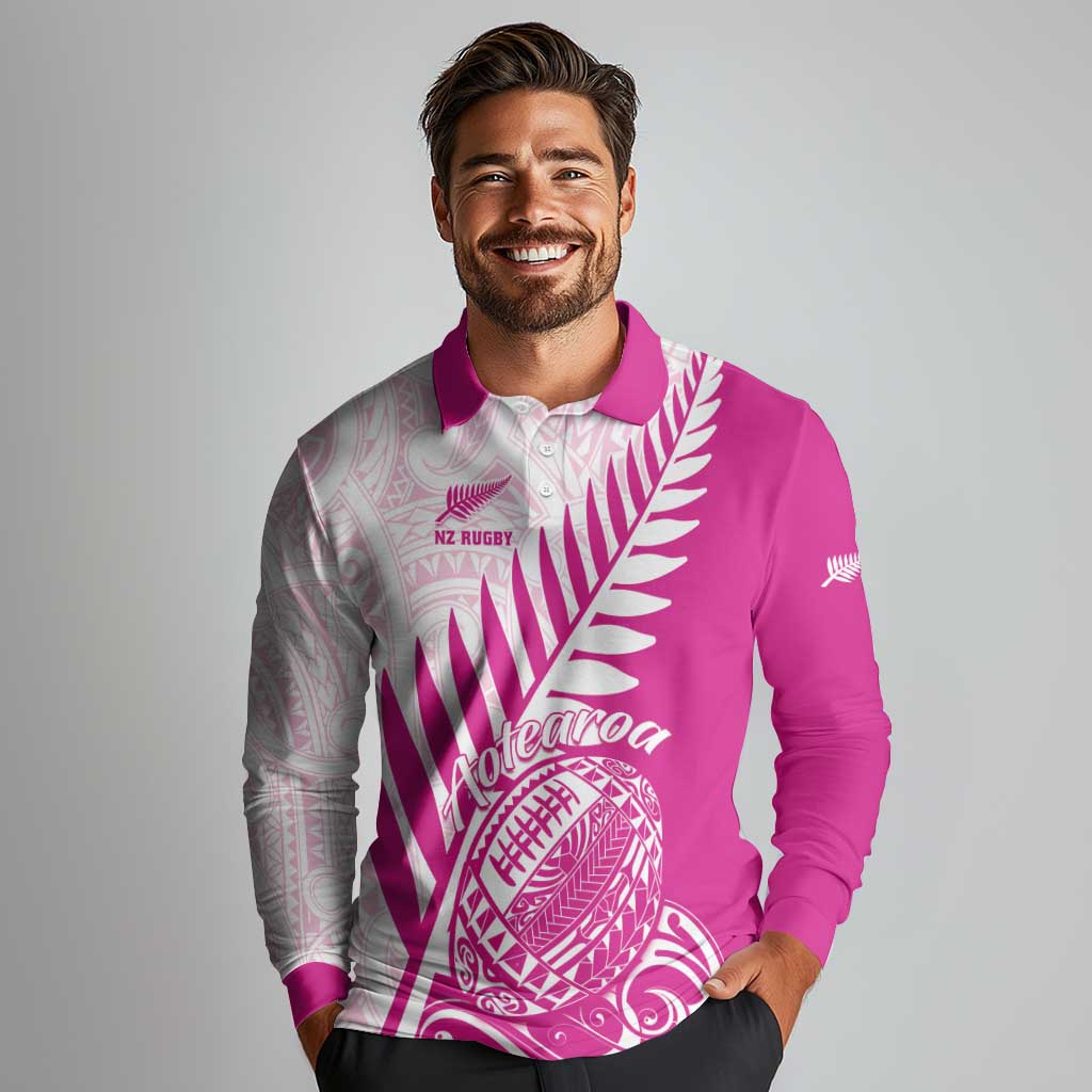 Custom New Zealand Rugby Silver Fern Long Sleeve Polo Shirt Aotearoa Maori Pink Version - Polynesian Pride