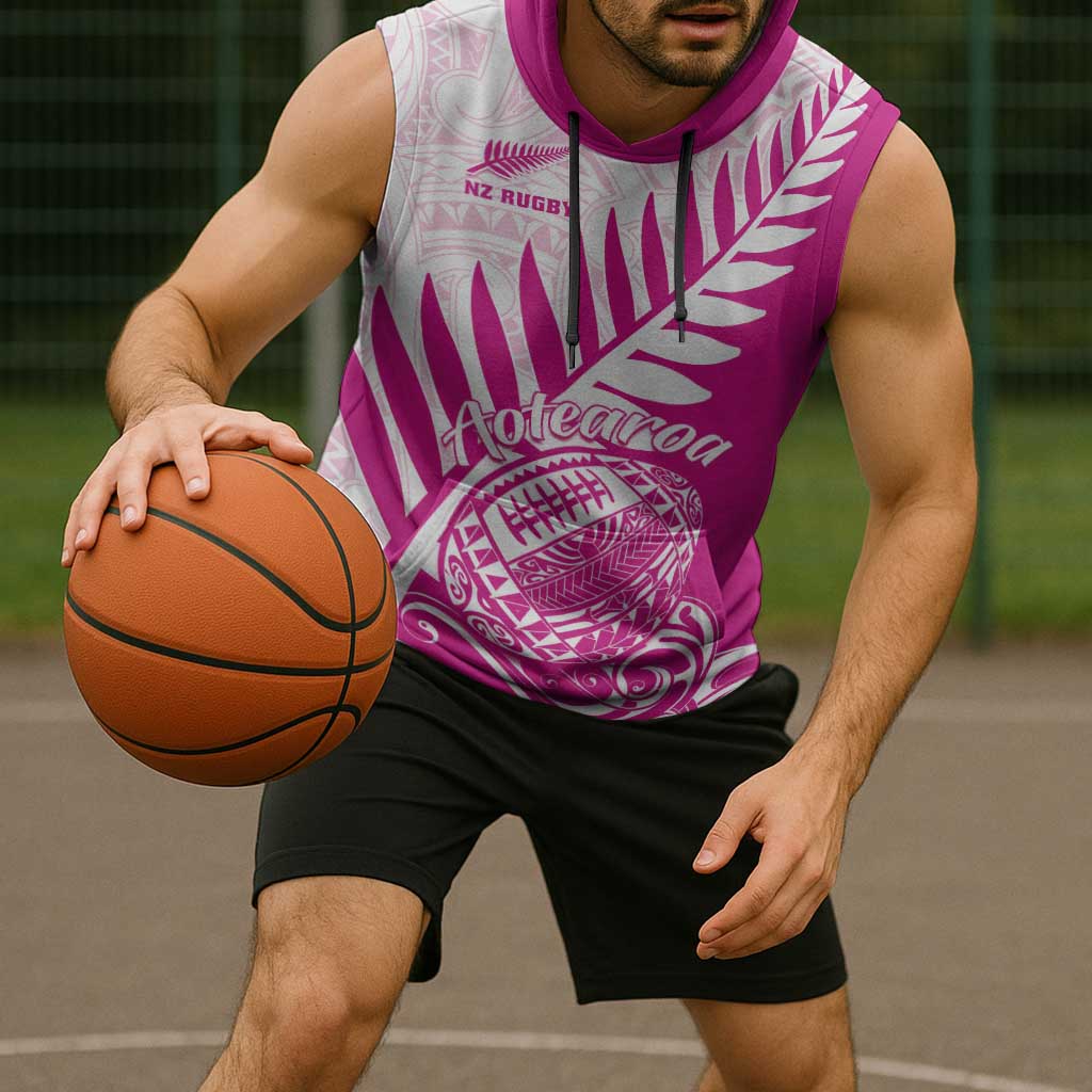 Custom New Zealand Rugby Silver Fern Sleeveless Hoodie Aotearoa Maori Pink Version - Polynesian Pride