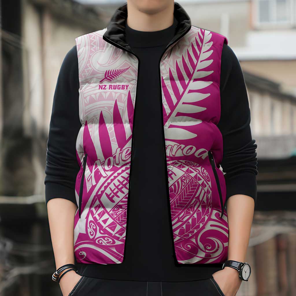 Custom New Zealand Rugby Silver Fern Sleeveless Puffer Jacket Aotearoa Maori Pink Version - Polynesian Pride