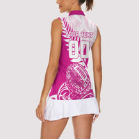 Custom New Zealand Rugby Silver Fern Women Sleeveless Polo Shirt Aotearoa Maori Pink Version - Polynesian Pride