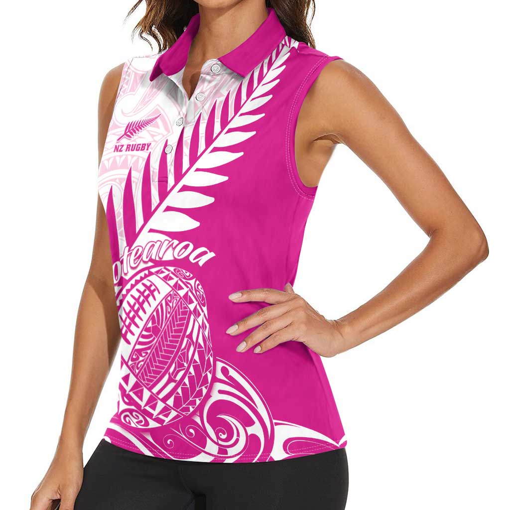 Custom New Zealand Rugby Silver Fern Women Sleeveless Polo Shirt Aotearoa Maori Pink Version - Polynesian Pride