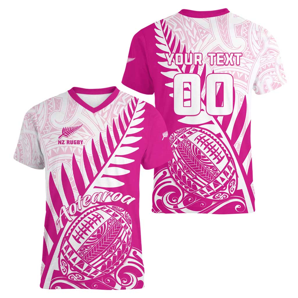 Custom New Zealand Rugby Silver Fern Women V-Neck T-Shirt Aotearoa Maori Pink Version - Polynesian Pride