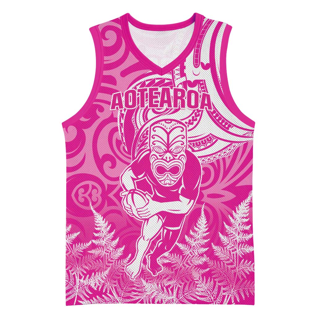 New Zealand Silver Fern Rugby All Pink Basketball Jersey Maori Tiki Player With Ta Moko Tribal - Polynesian Pride