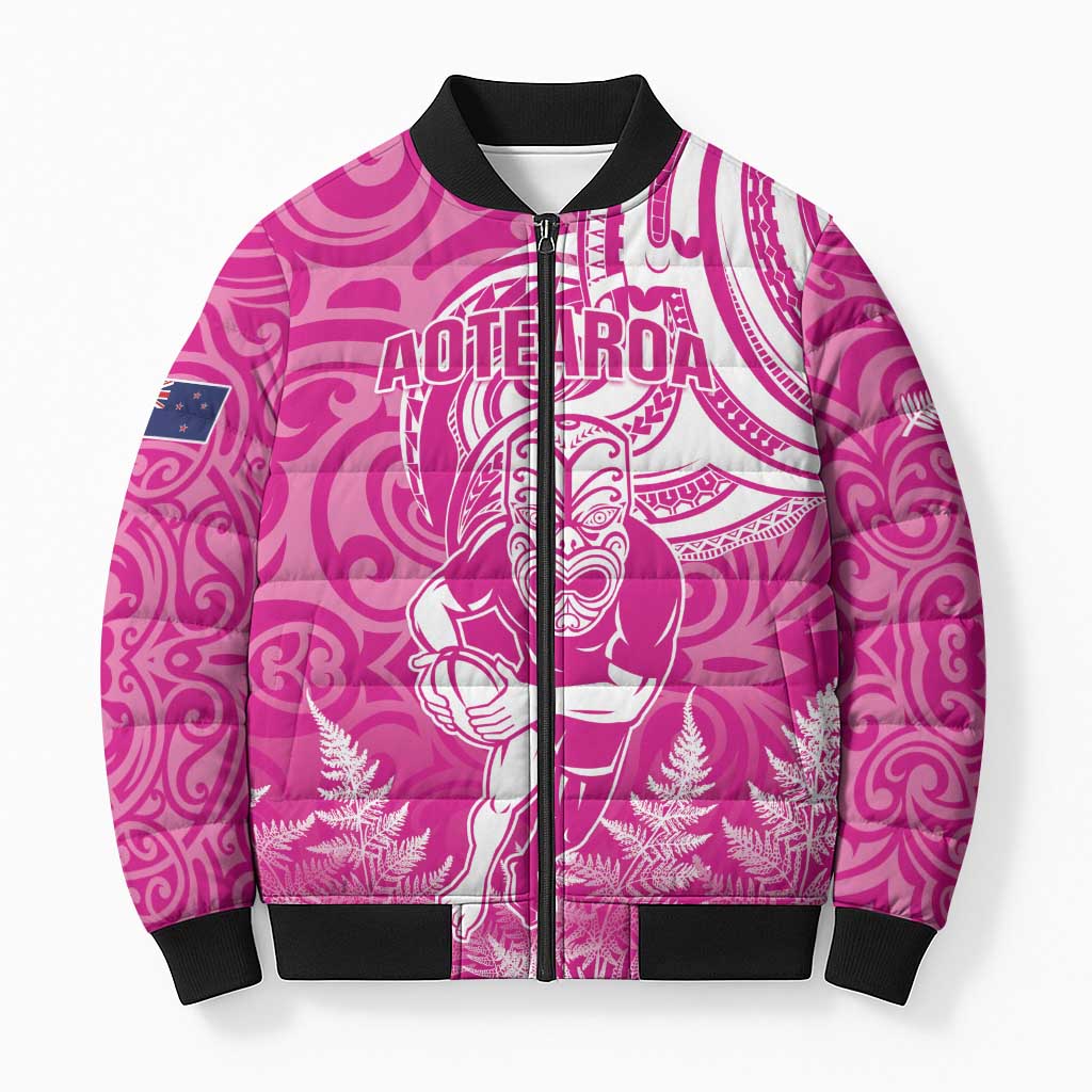 New Zealand Silver Fern Rugby All Pink Bomber Puffer Jacket Maori Tiki Player With Ta Moko Tribal - Polynesian Pride