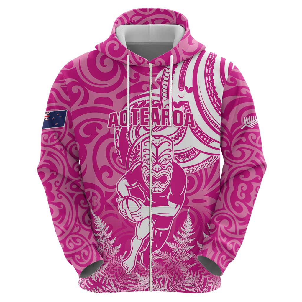 New Zealand Silver Fern Rugby All Pink Hoodie Maori Tiki Player With Ta Moko Tribal - Polynesian Pride