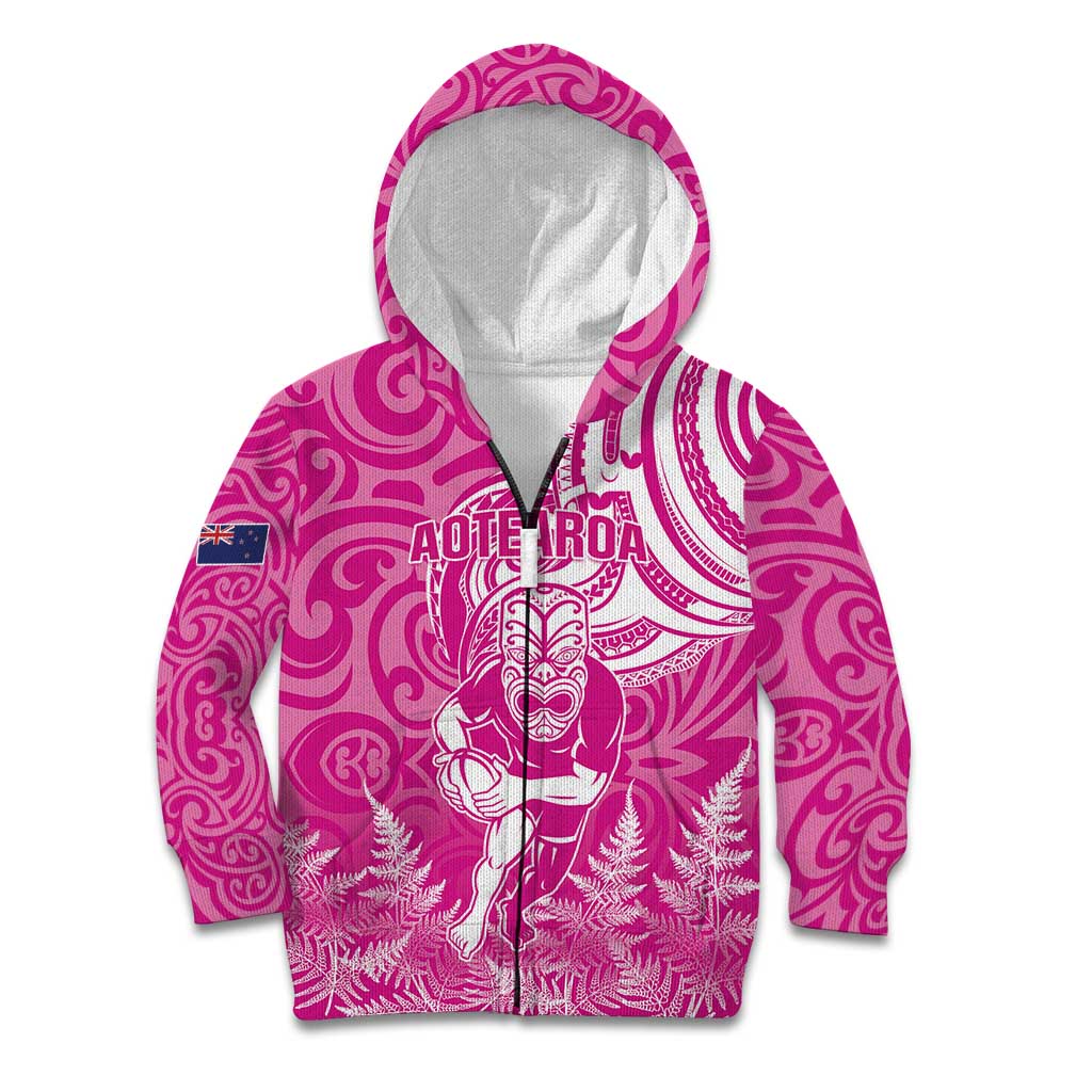New Zealand Silver Fern Rugby All Pink Kid Hoodie Maori Tiki Player With Ta Moko Tribal - Polynesian Pride