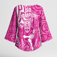New Zealand Silver Fern Rugby All Pink Kimono Sleeve Blouse Maori Tiki Player With Ta Moko Tribal - Polynesian Pride