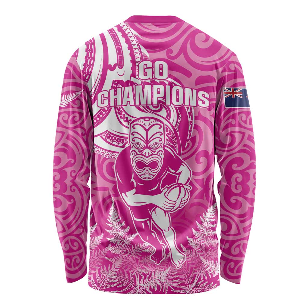 New Zealand Silver Fern Rugby All Pink Long Sleeve Shirt Maori Tiki Player With Ta Moko Tribal - Polynesian Pride