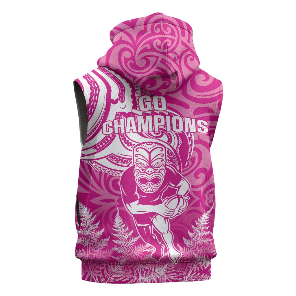 New Zealand Silver Fern Rugby All Pink Sleeveless Zip Hoodie Maori Tiki Player With Ta Moko Tribal - Polynesian Pride