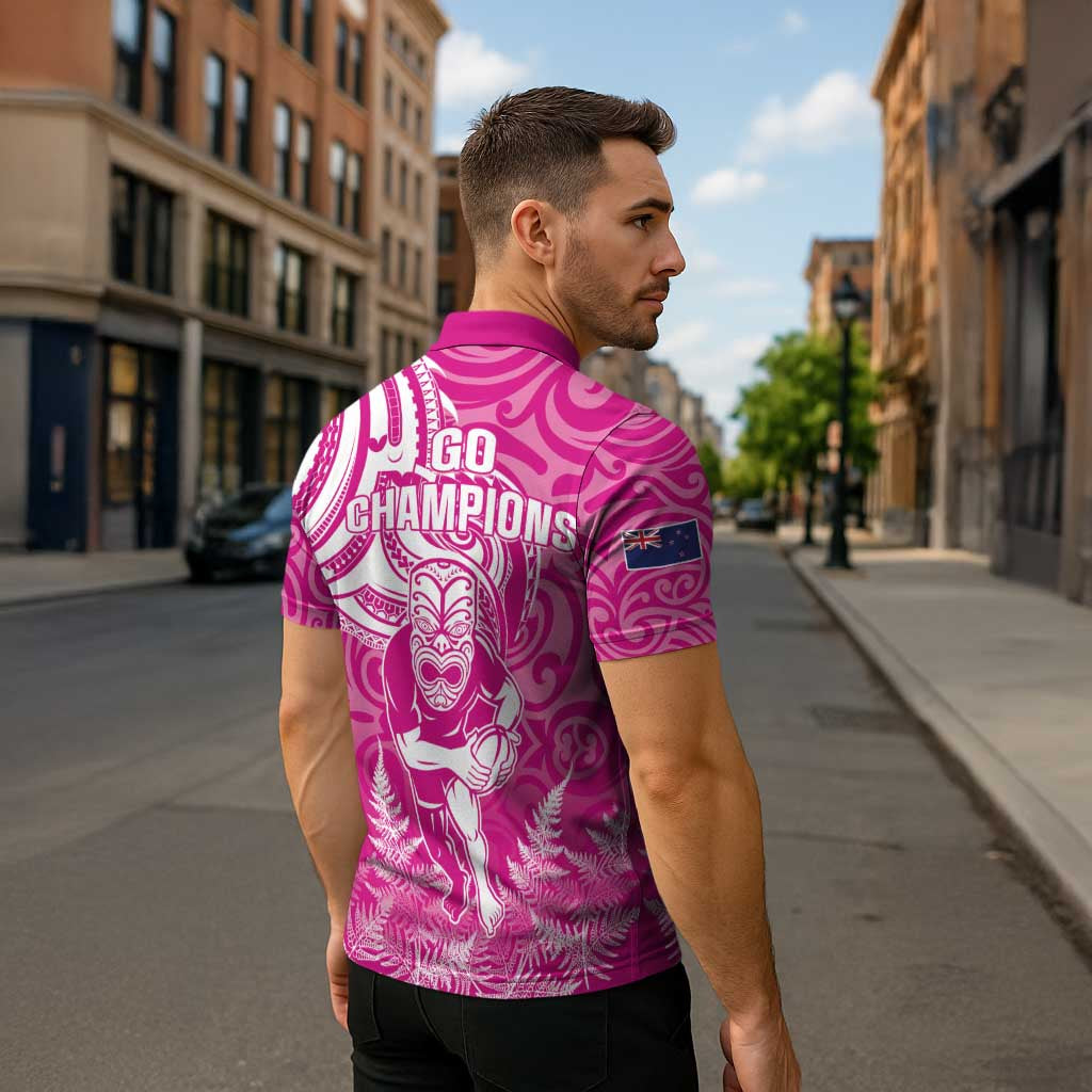 New Zealand Silver Fern Rugby All Pink Zipper Polo Shirt Maori Tiki Player With Ta Moko Tribal - Polynesian Pride