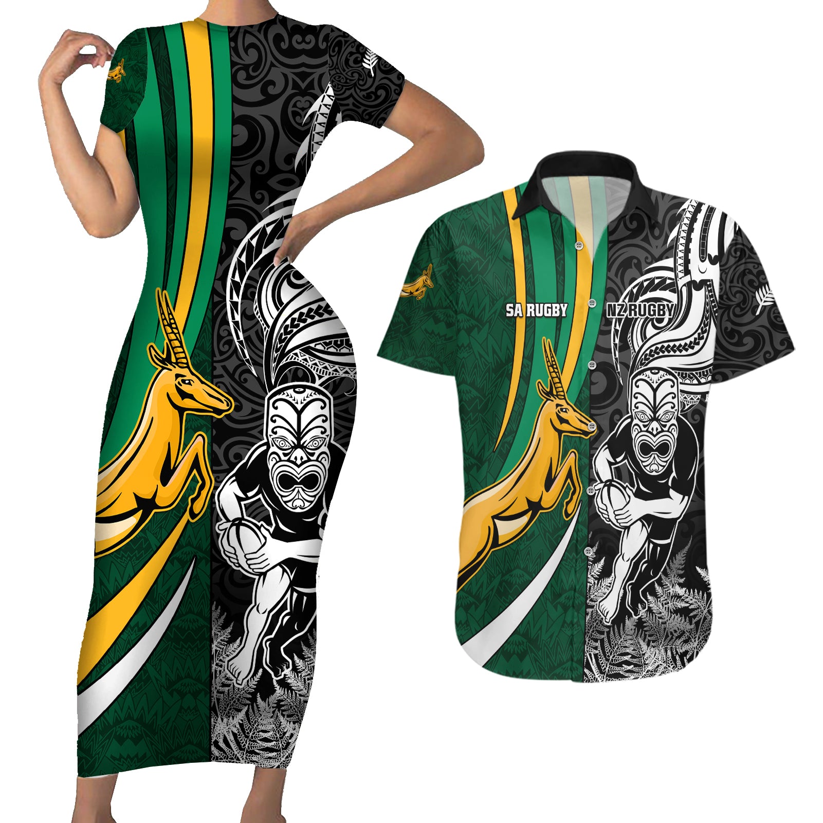 Custom New Zealand and South Africa Rugby Couples Matching Short Sleeve Bodycon Dress and Hawaiian Shirt Silver Fern Protea Pattern World Cup 2023 LT01 Art - Polynesian Pride