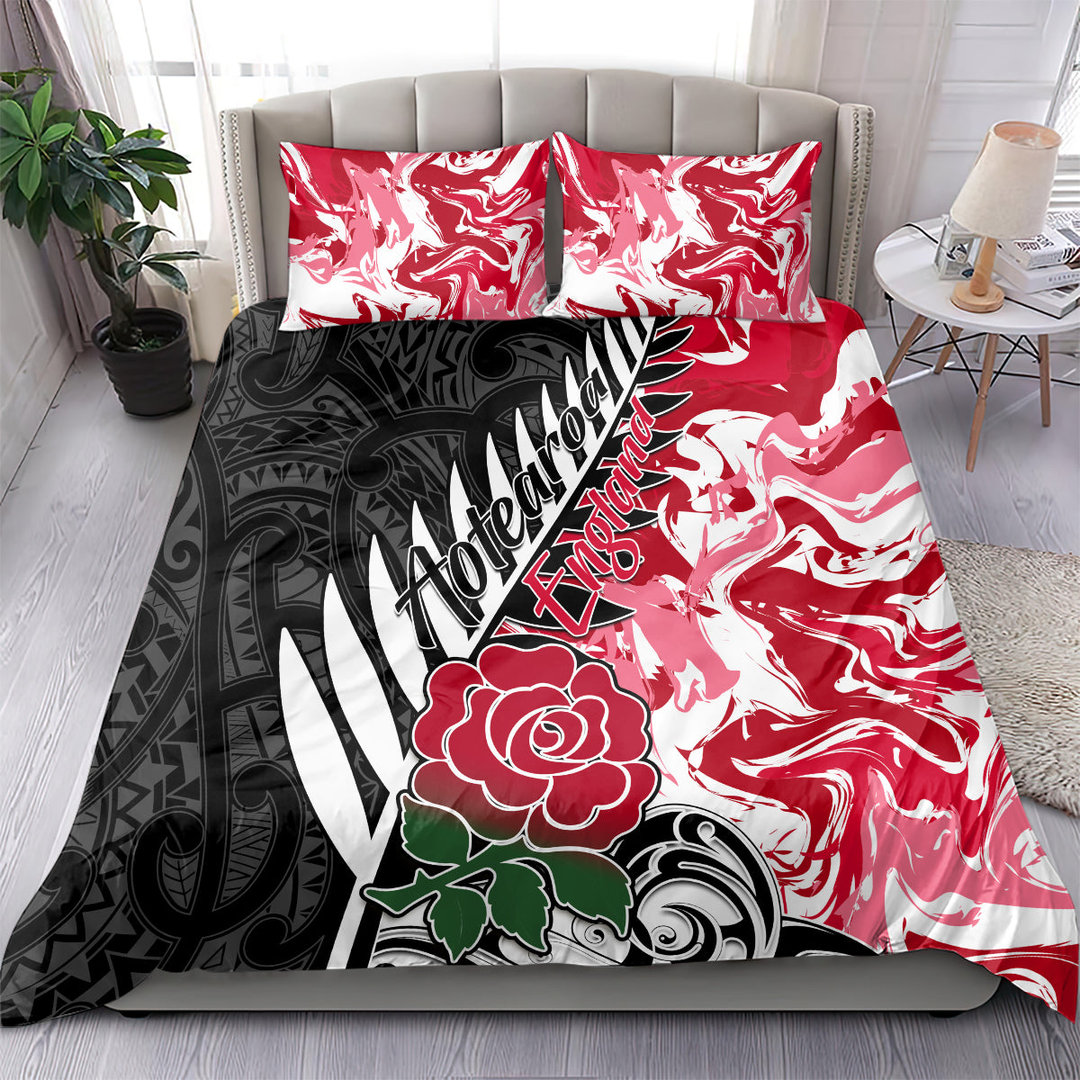 New Zealand and England Rugby Bedding Set Silver Fern With Red Rose World Cup 2023 LT01 - Polynesian Pride