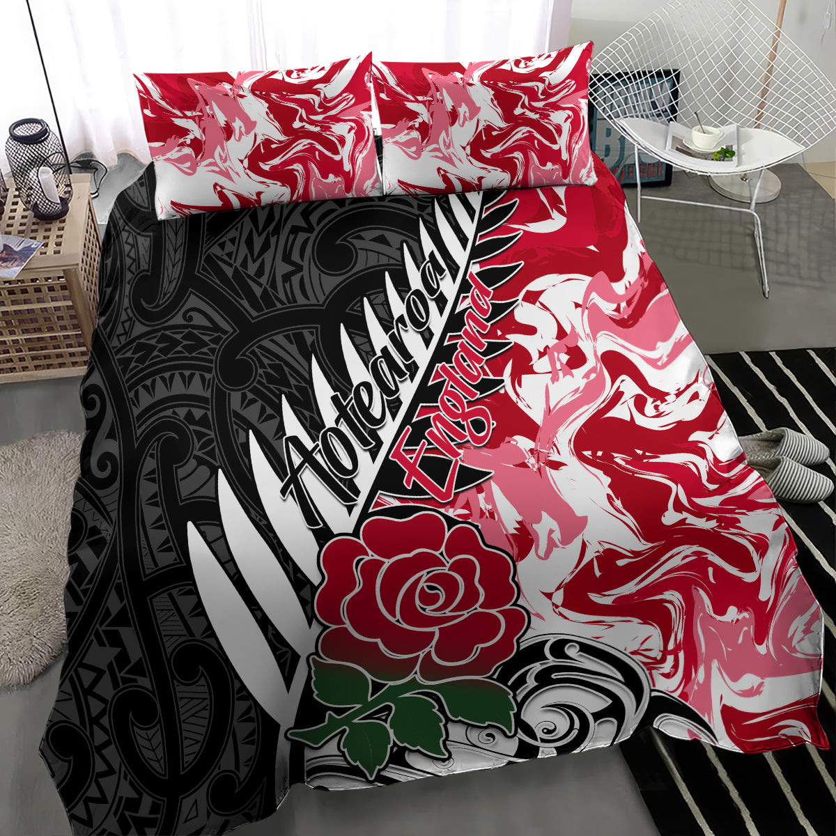 New Zealand and England Rugby Bedding Set Silver Fern With Red Rose World Cup 2023 LT01 - Polynesian Pride