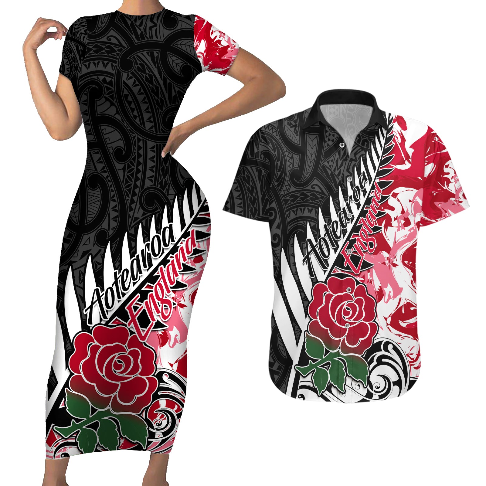 Custom New Zealand and England Rugby Couples Matching Short Sleeve Bodycon Dress and Hawaiian Shirt Silver Fern With Red Rose World Cup 2023 LT01 Art - Polynesian Pride