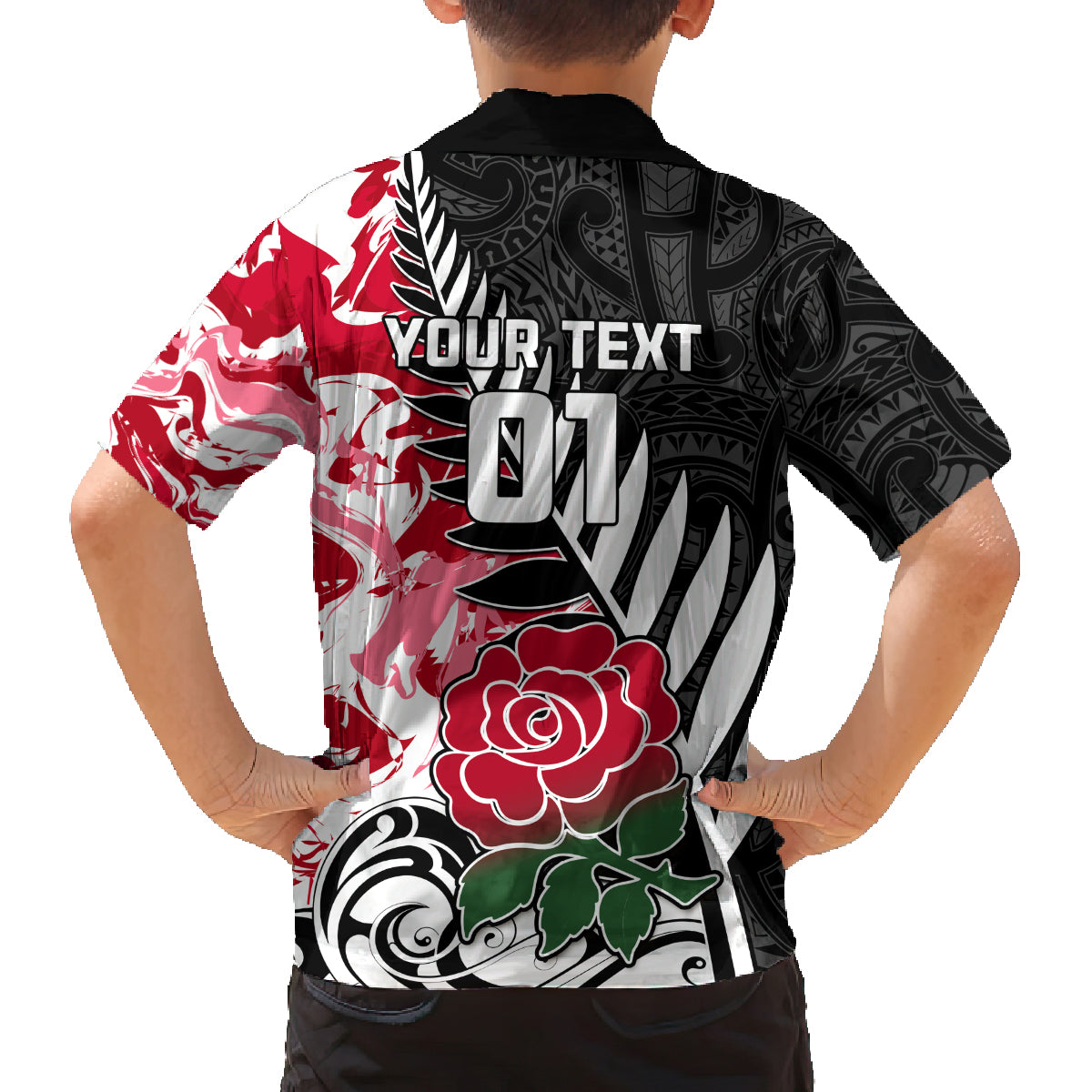 Custom New Zealand and England Rugby Family Matching Long Sleeve Bodycon Dress and Hawaiian Shirt Silver Fern With Red Rose World Cup 2023 LT01 - Polynesian Pride