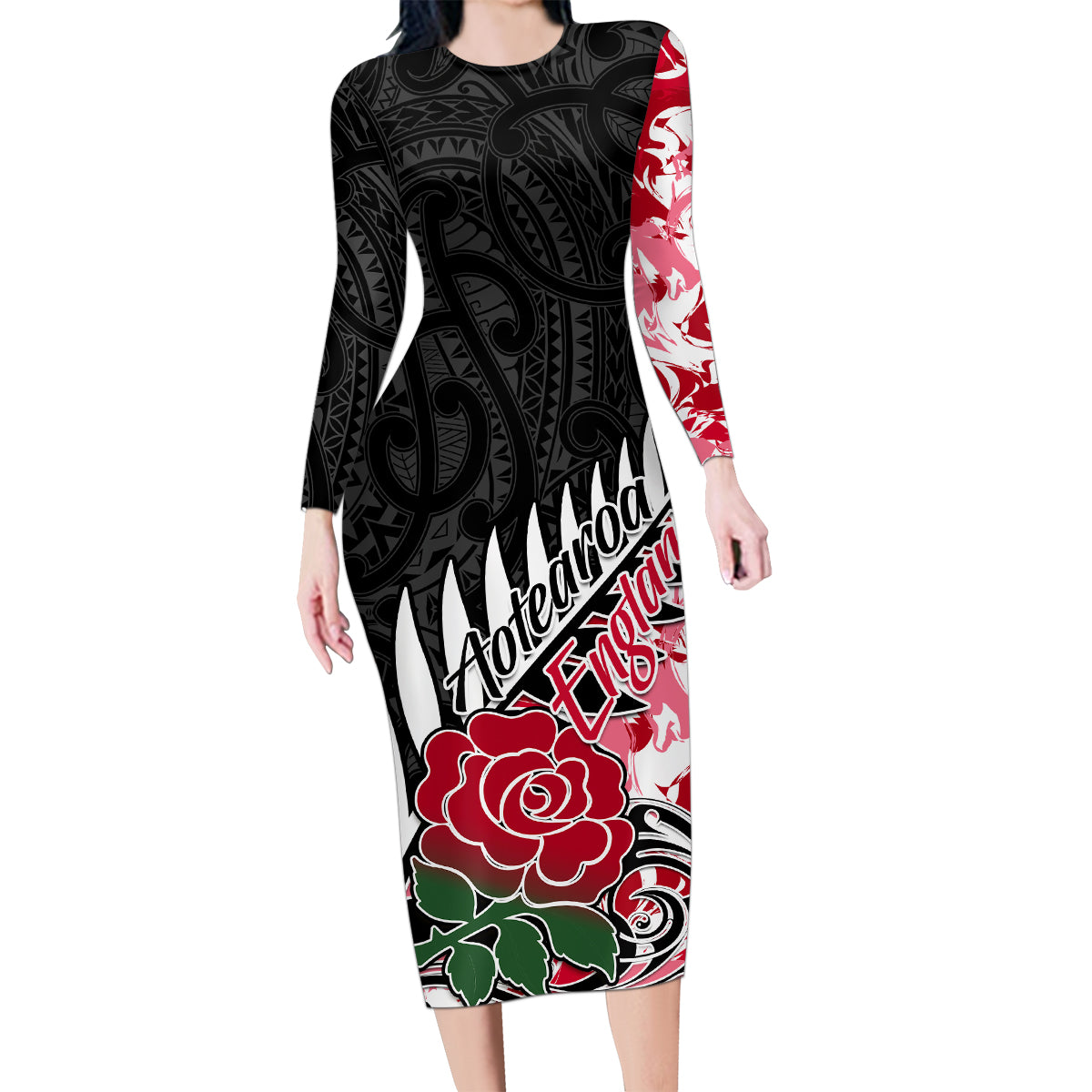 Custom New Zealand and England Rugby Family Matching Long Sleeve Bodycon Dress and Hawaiian Shirt Silver Fern With Red Rose World Cup 2023 LT01 Mom's Dress Art - Polynesian Pride