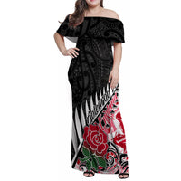 Custom New Zealand and England Rugby Family Matching Off Shoulder Maxi Dress and Hawaiian Shirt Silver Fern With Red Rose World Cup 2023 LT01 Mom's Dress Art - Polynesian Pride