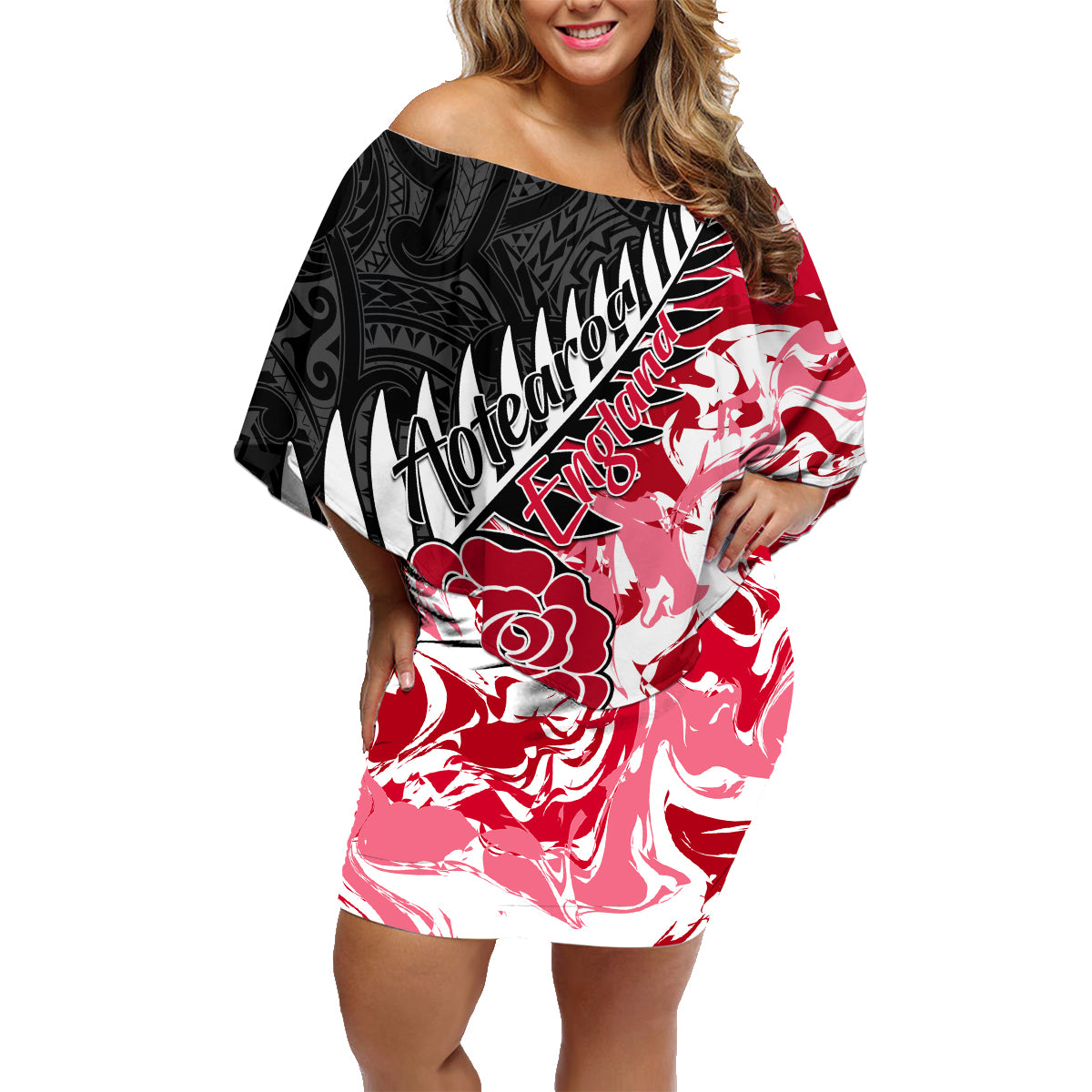 Custom New Zealand and England Rugby Family Matching Off Shoulder Short Dress and Hawaiian Shirt Silver Fern With Red Rose World Cup 2023 LT01 Mom's Dress Art - Polynesian Pride