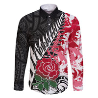Custom New Zealand and England Rugby Family Matching Tank Maxi Dress and Hawaiian Shirt Silver Fern With Red Rose World Cup 2023 LT01 Dad's Shirt - Long Sleeve Art - Polynesian Pride