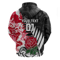 Custom New Zealand and England Rugby Hoodie Silver Fern With Red Rose World Cup 2023 LT01 - Polynesian Pride