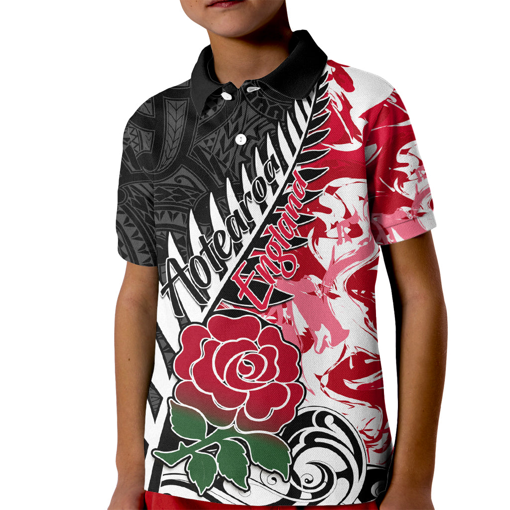 Custom New Zealand and England Rugby Kid Polo Shirt Silver Fern With Red Rose World Cup 2023 LT01 Kid Art - Polynesian Pride